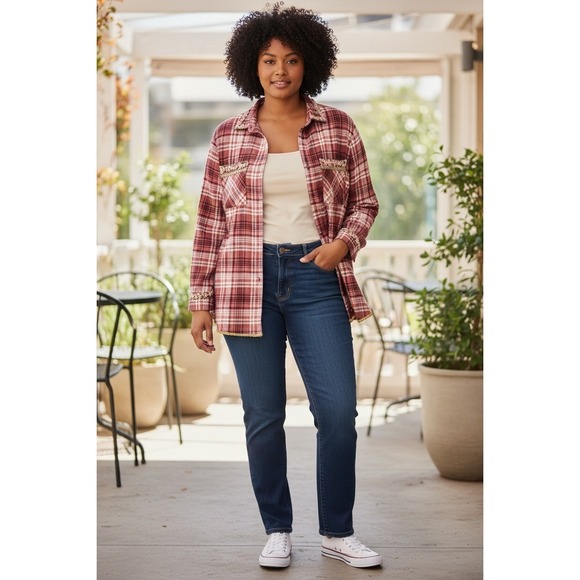 dip Tops - women's 100% Organic Cotton Plaid Shirt 3X Pink Floral Embroidery